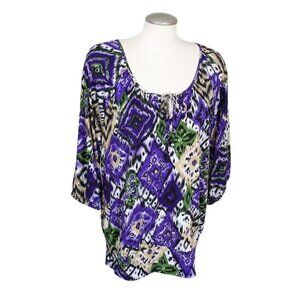 Notations Womens Plus Size 2X Blouse Peasant Key Hole Animal Floral Multicolor